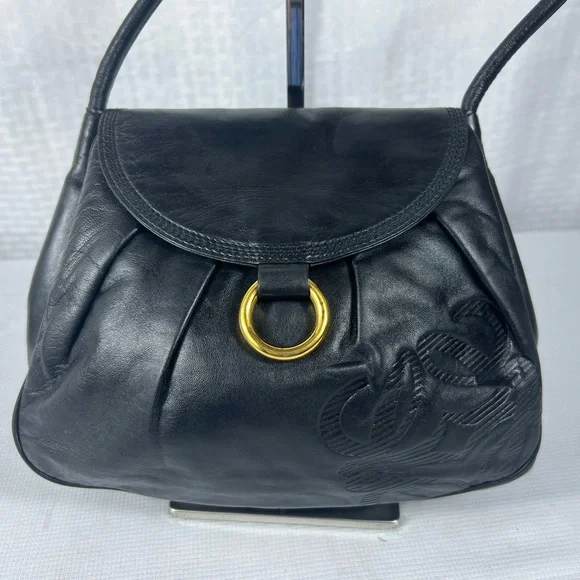 Vintage Loewe Black Leather Shoulder Bag with Embossed Anagram & Gold Ring - Picture 2 of 14